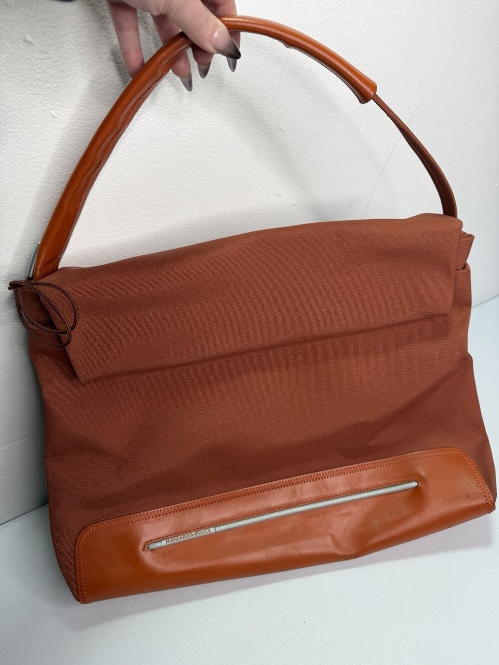VTG Mandarina Duck Orange Leather Canvas Shoulder Messenger Bag Carry All